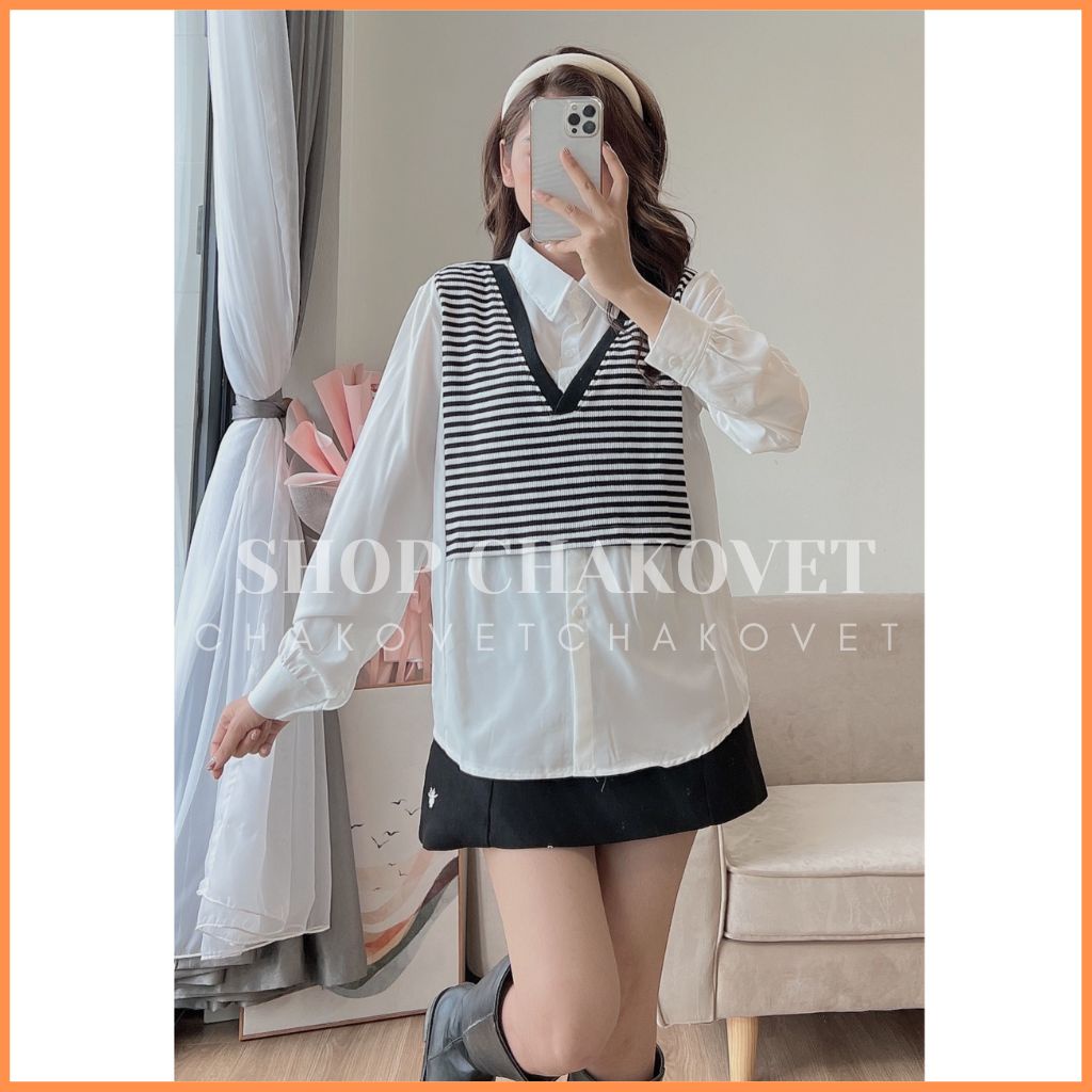 Áo Sơ Mi Nữ Dài Tay Ulzzang A8515 kiểu Áo Cách Điệu Giả Len Mongtoghi Kẻ Ngang Nhiều Màu Sành Điệu Cực Xinh - CHAKOVET