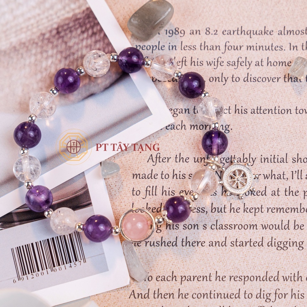 Vòng Tay Phong Thủy Mix Bạc S925 Pha Lê Tím - Trắng Tuyết Cao Cấp [TẶNG HỘP GỖ] Tài Lộc May Mắn - Phong Thủy Tây Tạng