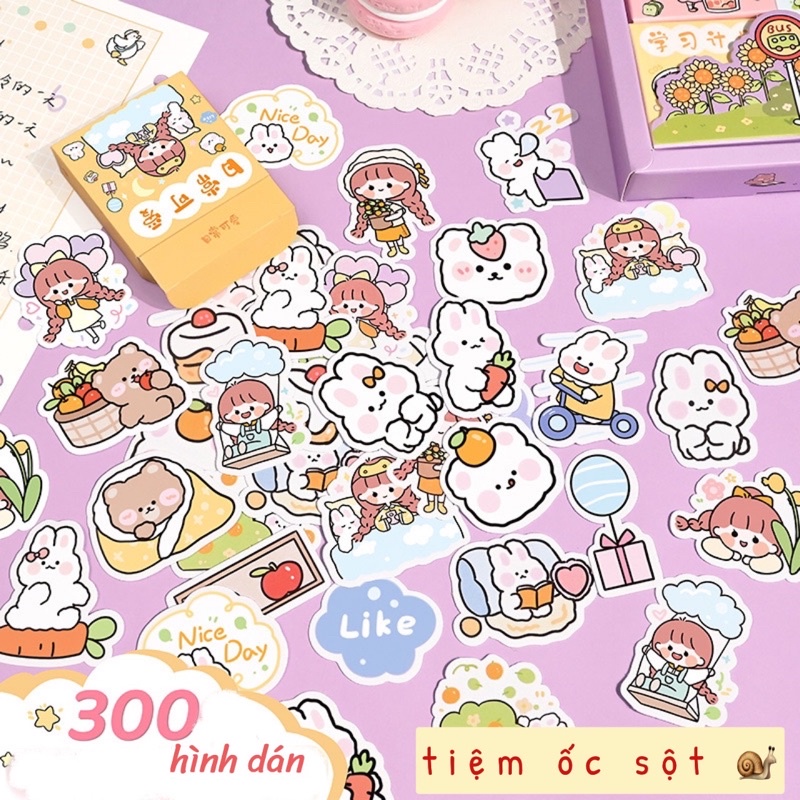 Bộ 300 miếng dán trang trí hoạ tiết hoạt hình, vintage Tiệm Ốc Sột-ST048