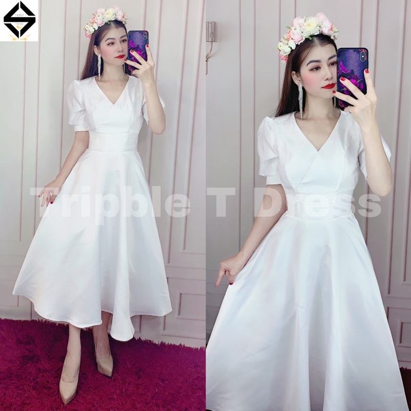Đầm xoè cưới đi bàn nhẹ nhàng TRIPBLE T DRESS bo eo tay phồng nơ lưng - size S/M/L -MS103Y