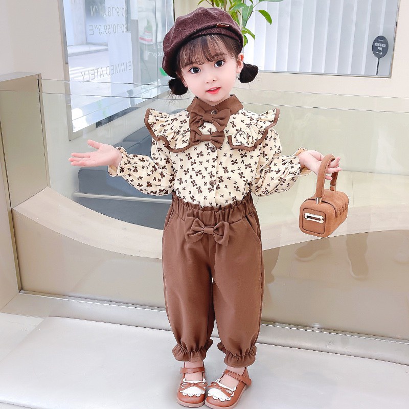 Bộ thu đông bé gái, bộ dài tay cho bé kiểu nơ cánh tiên cho bé gái vải nhung tăm phong cách Hàn quốc cho bé từ 10-27kg