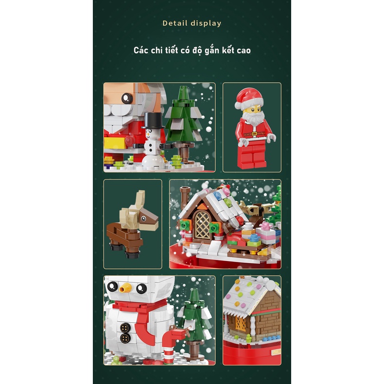 Hộp Phát Nhạc ghép hình Giáng Sinh PHUN TUYẾT RƠI + ĐÈN + NHẠC xoay tròn, Mô Hình Quà Tặng Ông Già Noel, Người Tuyết