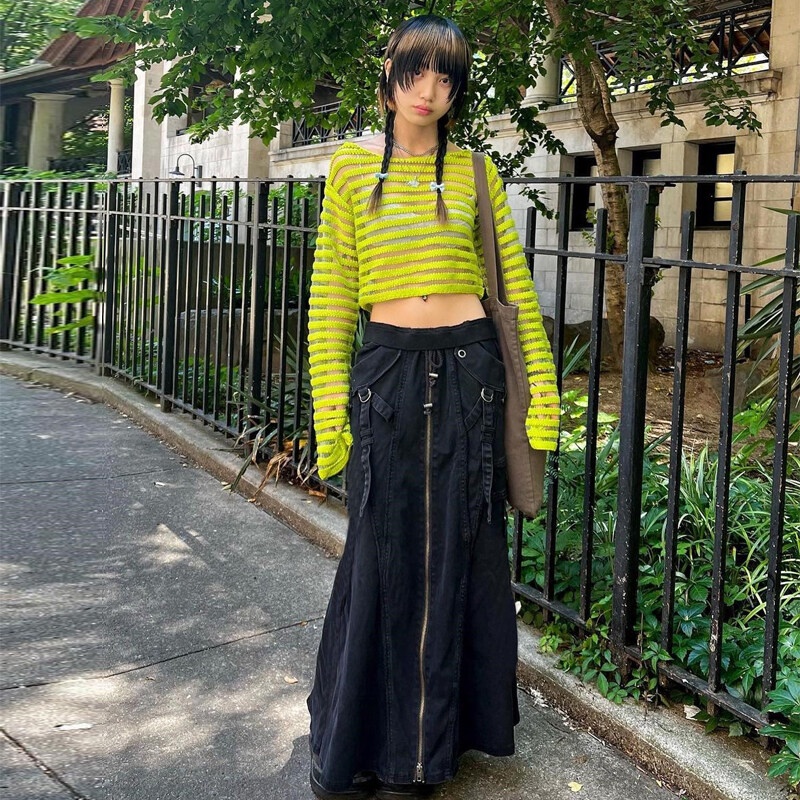 Weird Puss Chân Váy Maxi Chữ A Lưng Cao Phối Khóa Kéo Phong Cách Harajuku Đường Phố Mùa Thu Mới Cho Nữ