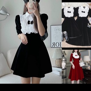 (có size xl) đầm nhung đen tiểu thư dáng chữ A phối cổ xếp ly trắng xinh xắn