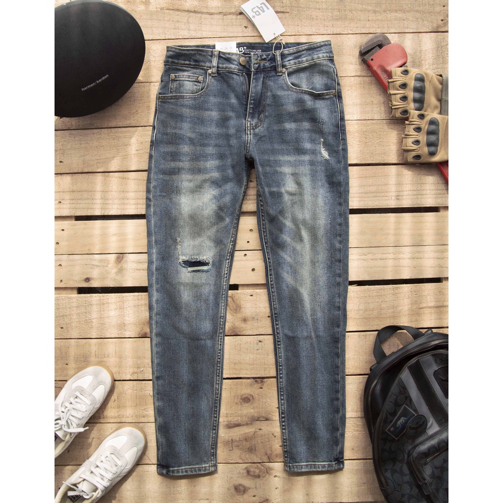 Quần Jean nam LAB+ COTTONLAB quần bò màu xanh rách cao cấp, co giãn nhẹ form Slimfit - LAB703