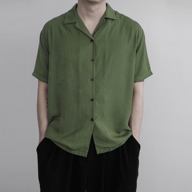 Áo somi nam cổ pyjama vải đũi lạnh màu xanh quân đội