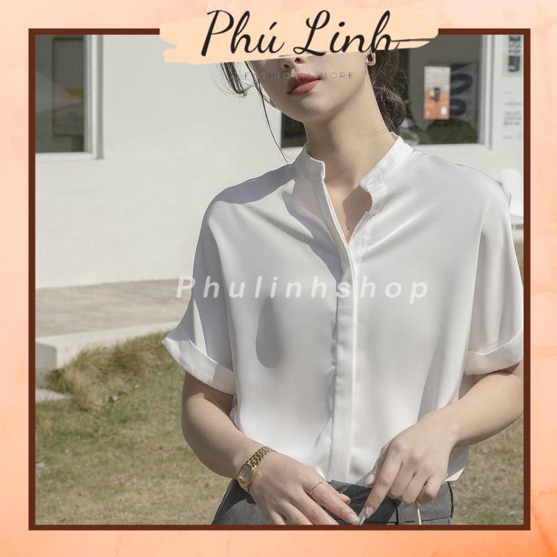 MS964 Áo sơ mi nữ trắng cổ trụ vắn tay thanh lịch