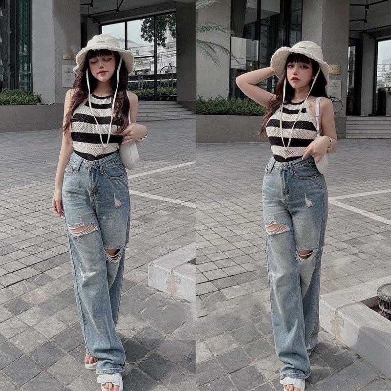 Quần jean suông ống rộng cạp cao rách gối,quần bò mài gấu dáng suông không co giãn [mã 01]