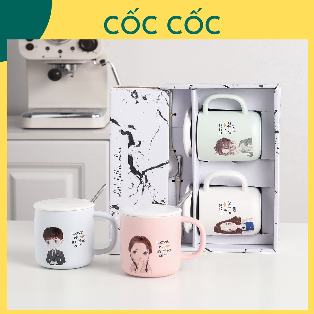 Cốc sứ chibi love in the air dung tích 350ml kèm thìa và nắp đựng nước, trà cafe, quà tặng cặp đôi-CỐC CỐC