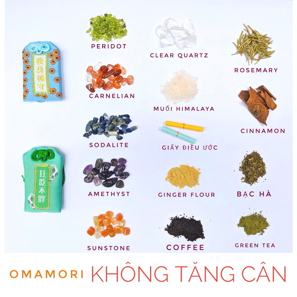 Túi Phước Omamori Giảm Cân Mix Đá, Thảo Mộc, Muối Hồng Himalaya