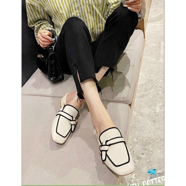 Sục da viền nơ gót vuông trắng đen