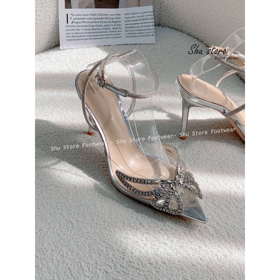 Sandal cao gót nhọn mica trong phối cánh bướm siêu sang cho nàng thời trang nữ Shu Store