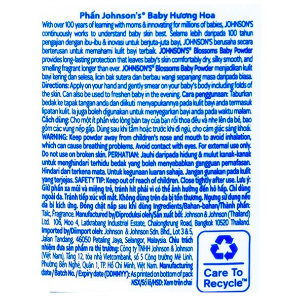 Phấn thơm Johnson's Blossoms Baby Powder hương hoa ngăn ngừa mẫn ngứa, khó chịu 100G Việt Mỹ Pharmacy