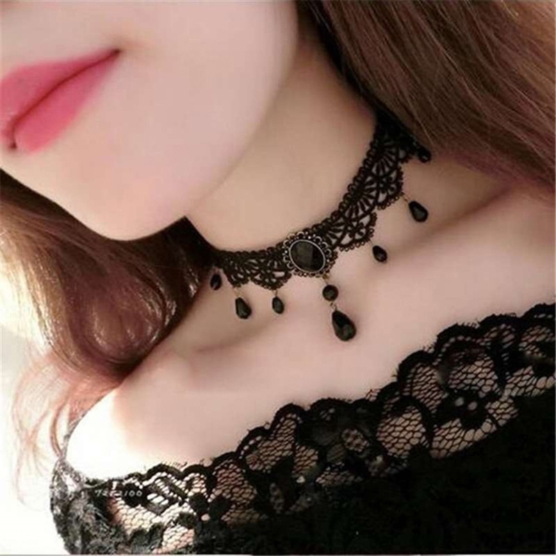 Vòng Cổ Choker Ren Đính Đá Phong Cách Gothic Cổ Điển