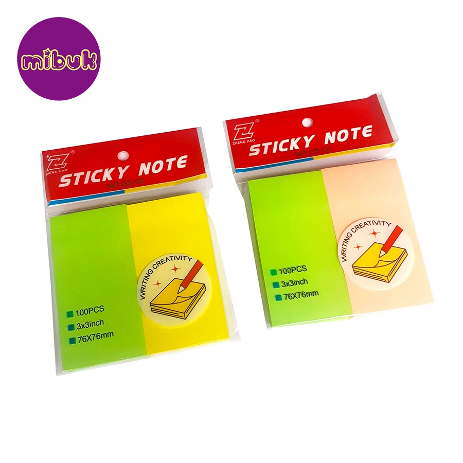 Giấy note 3x3 100 tờ chia 2 màu 3 màu tông dạ quang dùng ghi chú Sticky note ZHENG HAO
