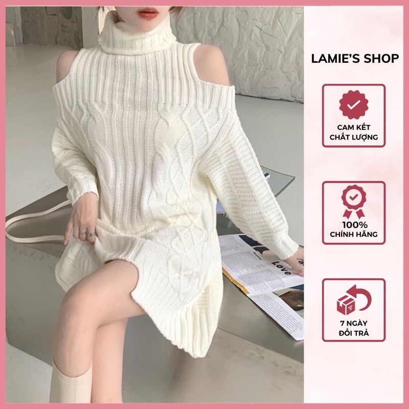 Váy len nữ dáng ngắn khoét vai cổ cao, váy len mềm mịn