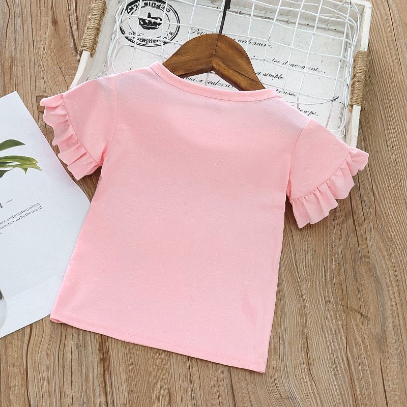 Áo thun cổ tròn tay dún bèo in hoạt hình thỏ cho bé gái 3-4-5-6-7-8 tuổi