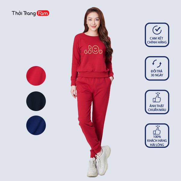 Bộ mặc nhà thu đông nữ, Chất Nỉ Da Cá dày dặn mềm mại mặc ấm và thoải mái, In họa tiết Good thương hiệu Fam