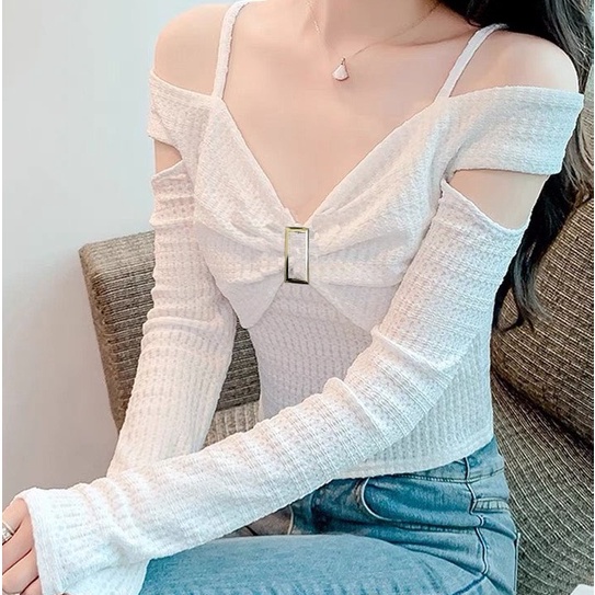 Áo croptop tay dài HAGA áo trễ vai nơ ngực sang trọng ATVN66