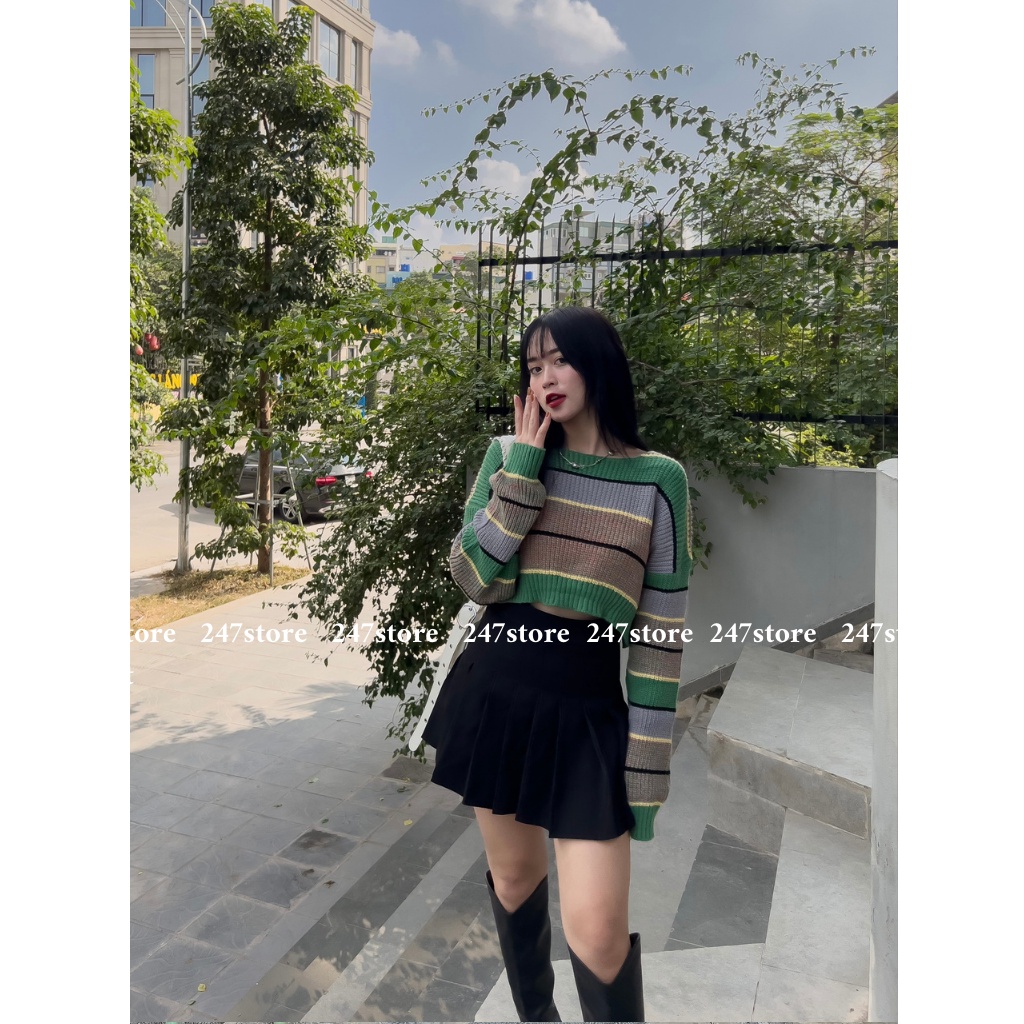 Áo len kẻ xanh croptop mã Aolenkengang1256