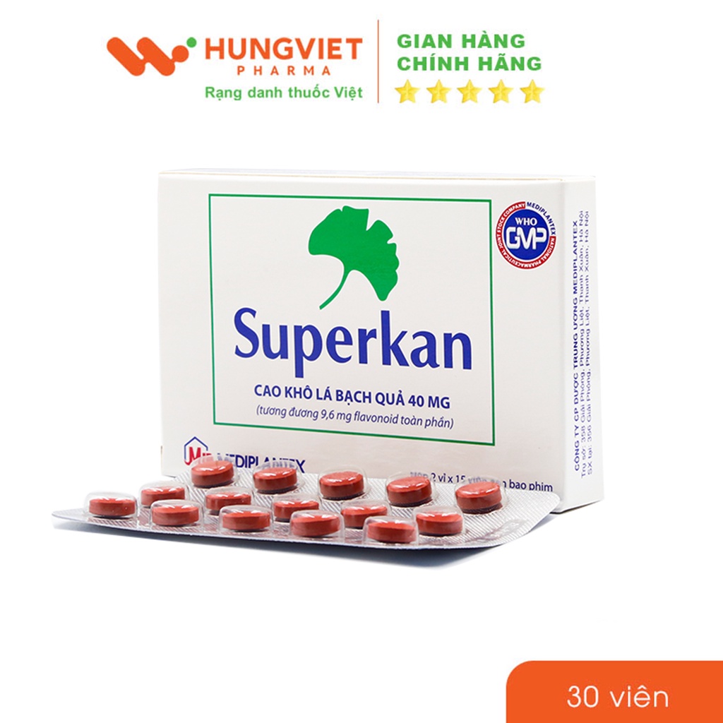Bổ não Superkan – Tăng tuần hoàn não, giảm hoa mắt, chóng mặt, đau đầu HungViet Pharma 30 viên