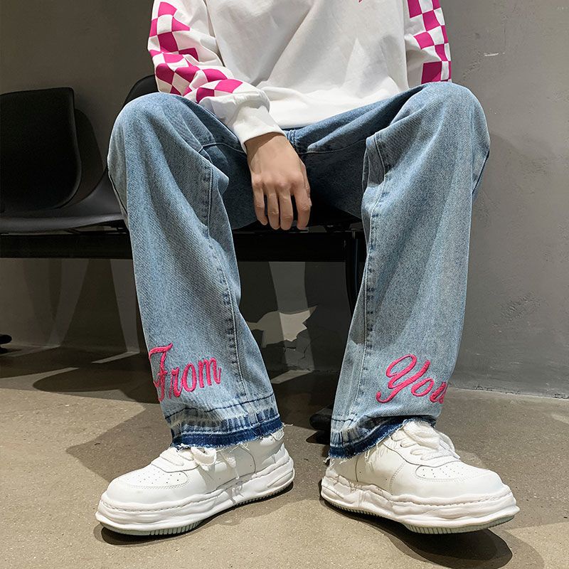 Quần Jean Dài Dáng Rộng Màu Sắc Tươi Sáng Phong Cách Đường Phố Mỹ Cá Tính