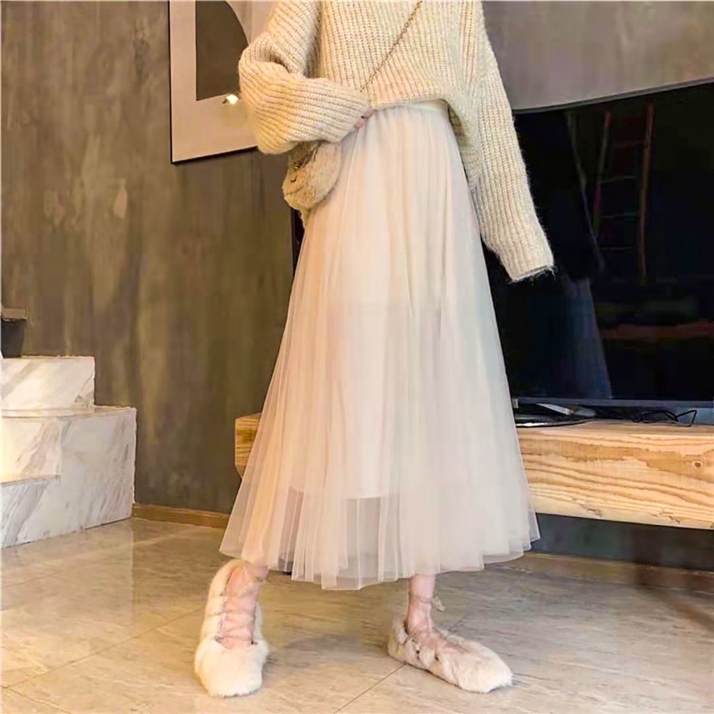 Chân Váy Chữ A Lưng Cao Phối Lưới Thời Trang Cho Nữ