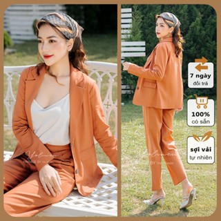  Bộ vest blazer nữ dáng suông nhẹ YOLINEN màu nâu bò vintage chất vải linen mịn thoáng 