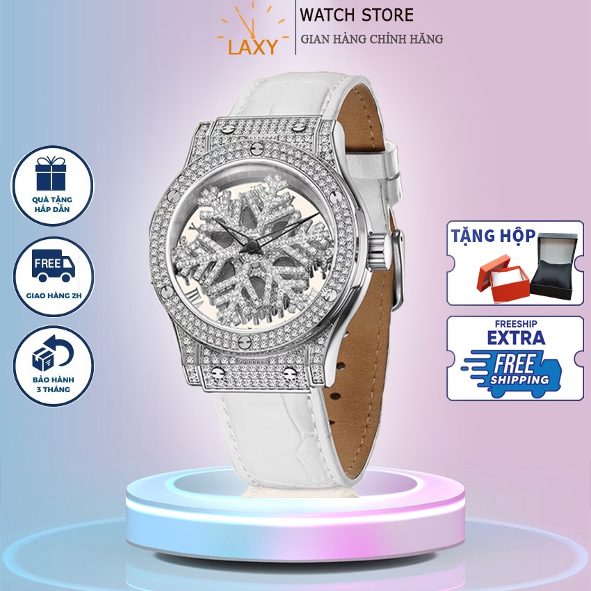 Đồng Hồ Nữ Bông Tuyết Xoay 360 Độ TX15 Dây Da Chính Hãng Laxy Mặt Đính Đá DHTX01