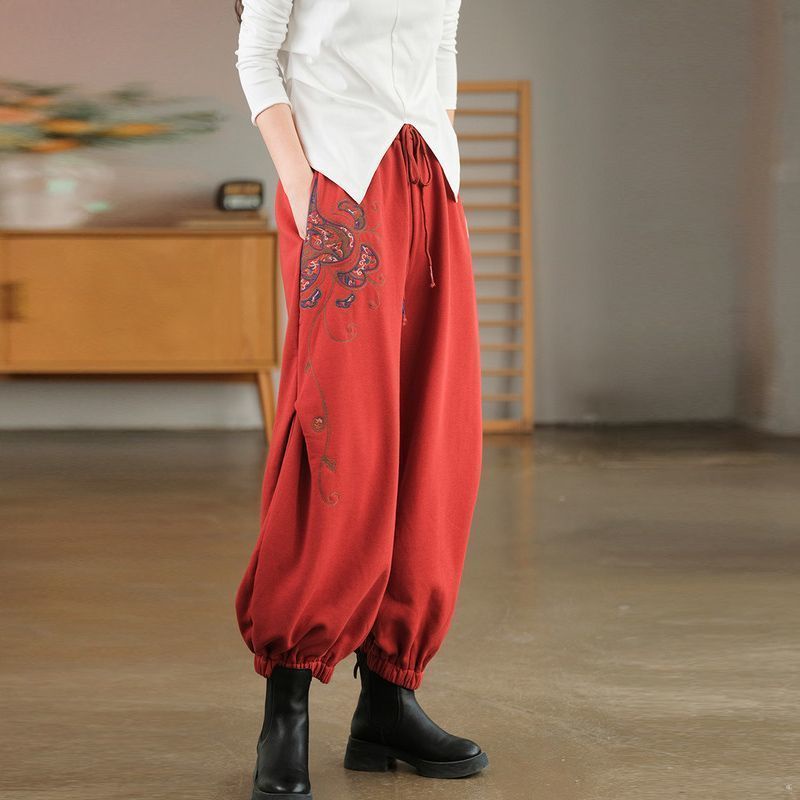 Quần Harem Cotton Lanh Dày Dặn Lưng Thun Thêu Họa Tiết Phong Cách Thu Đông Mới Cho Nữ