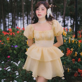 Đầm xoè SheByShj 2 tầng tay phồng màu vàng - Dahlia Dress