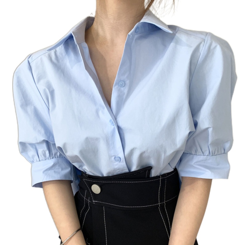 Áo Sơ Mi Tay Lửng Cổ Chữ V Cài Nút Ở Lưng Xếp Ly Màu Trơn Dành Cho Nữ