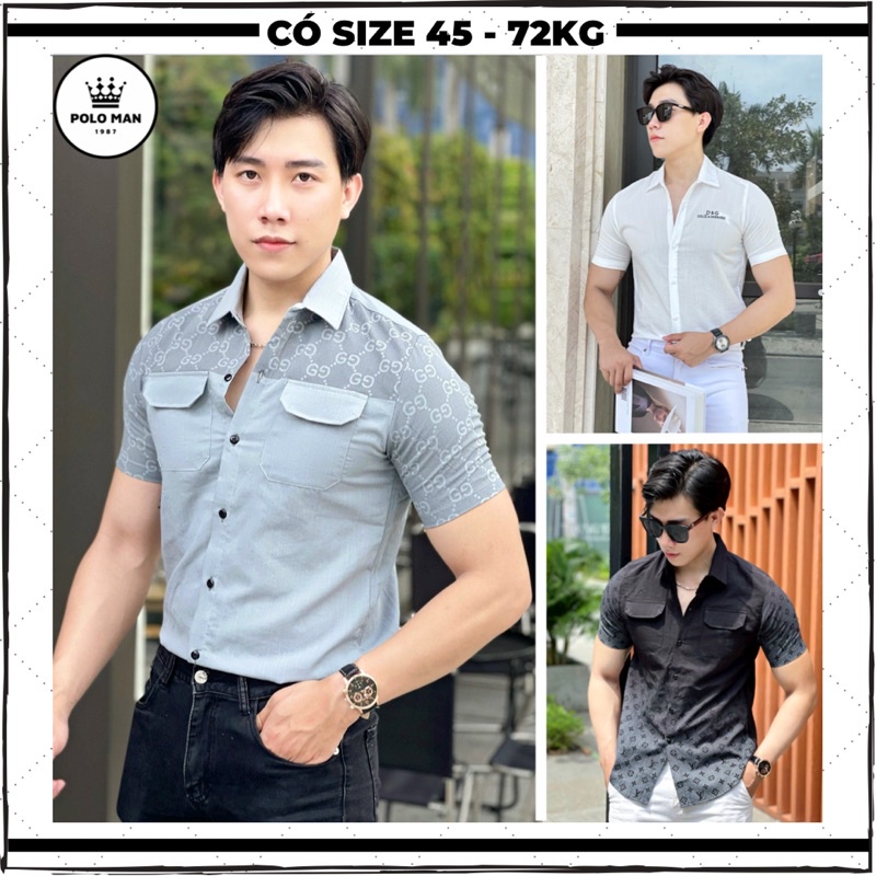 Áo sơmi nam tay ngắn form ôm body thêu hình vãi đũi mát, áo sơ mi nam cao cấp kiểu dáng Hàn Quốc basic