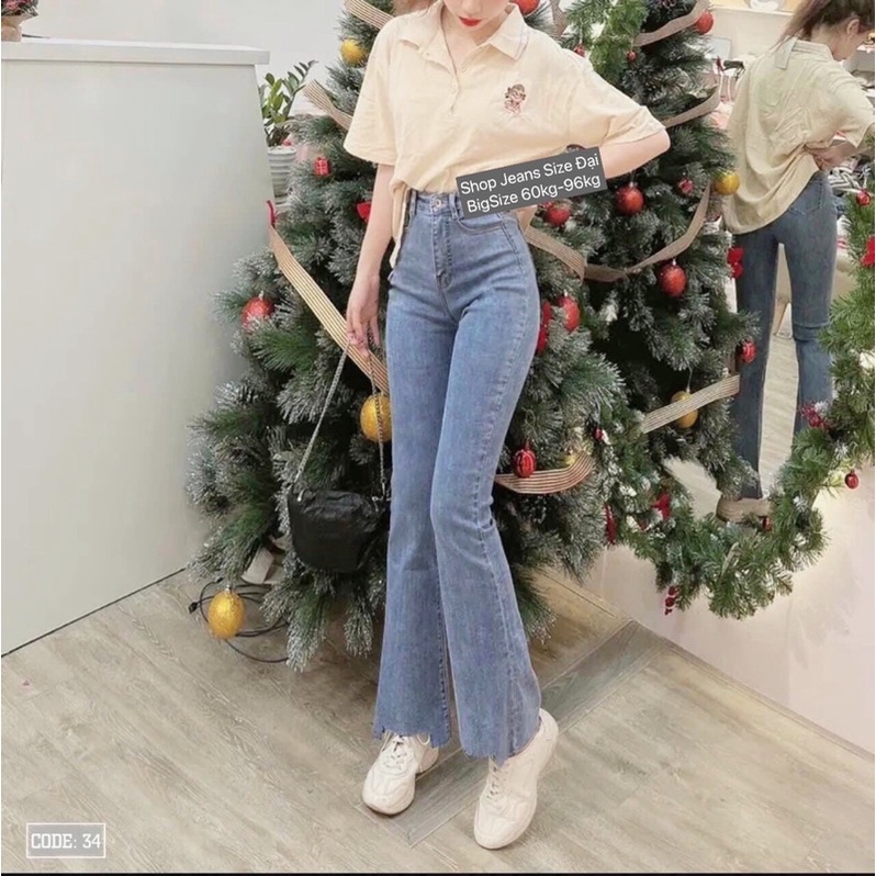 Quần Jean Nữ Ống Loe Xanh Nhạt Rách Gấu Vuông. Lưng Cao Trên Rốn - Co Giãn