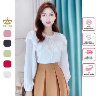 Áo kiểu công sở nữ viền bèo lớn cổ thắt nơ tay dài CHUU A6959
