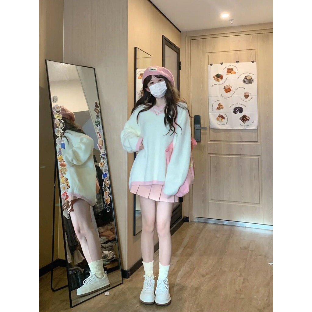 Bộ Áo Sweater + Chân Váy Lửng Mềm Mại Phong Cách Preppy Thời Trang Mùa Thu 2022