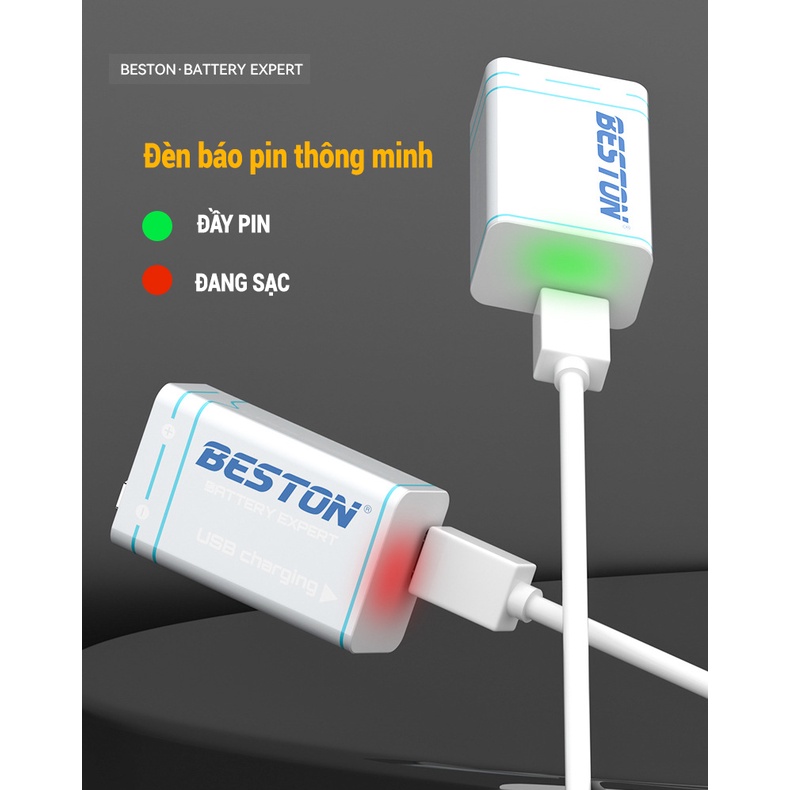 Pin 9V Sạc USB Type-C Beston 1000mAn 9VC-10CV Lithium dùng cho micro, đồ hồ đo điện, chuông báo động, đồ chơi