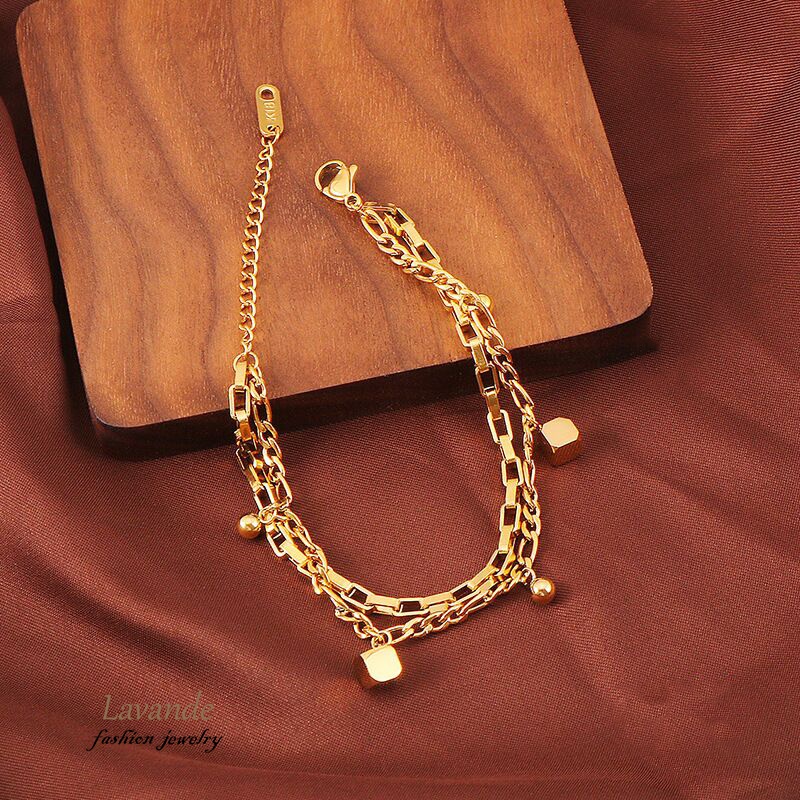 Vòng Đeo Tay Hai Lớp Bằng Kim Loại Titan Mạ Vàng 18K Không Phai Sang Trọng Thanh Lịch Dành Cho Nữ S0K1