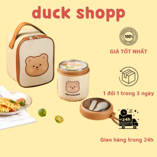 Hộp đựng cơm văn phòng giữ nhiệt Gấu nâu inox 304 Dear Bear tiện lợi, bình ủ cháo giữ nhiệt đựng thức ăn cho bé