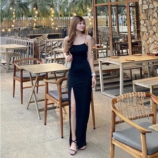 Đầm thun đen 2 dây xẻ tà đi tiệc