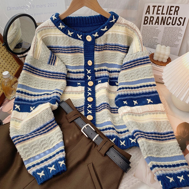 Áo khoác len nữ dài tay cổ tròn phối màu vintage, áo khoát len cardigan nữ phong cách hàn quốc 6434