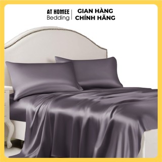 (Hàng LOẠI 1 - Không Nối Vải) Bộ Vỏ Chăn Ga Gối Phi Lụa 5 Món Cao Cấp AT HOME -  Màu Xám Đậm