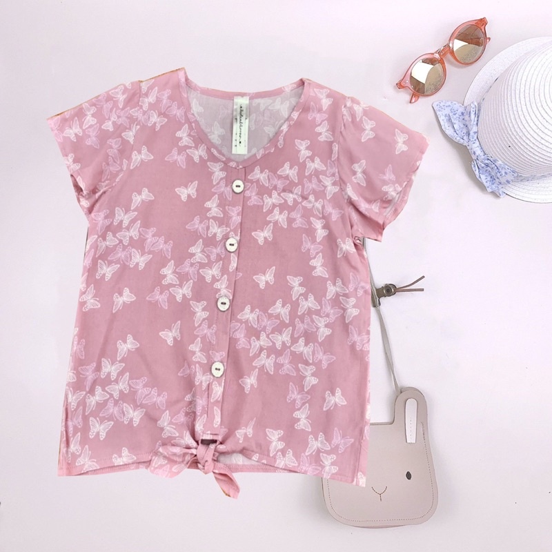 Áo Lanh Buộc Vạt Cổ Tim Tay Ngắn Phối Cúc Bé Gái Xuất Mỹ HEART & ARROW Hàng Xuất Xịn Cao Cấp Mát Mịn 100% Rayon Hồng Hoa