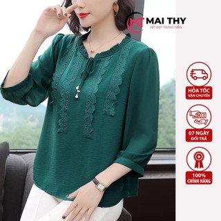 Áo Sơ Mi Trung Niên MAI THY 569 Tặng Mẹ, Chất Lụa Cổ Nơ Bèo Viền Ren Đẹp Trang Nhã | Thời Trang Trung Niên U40