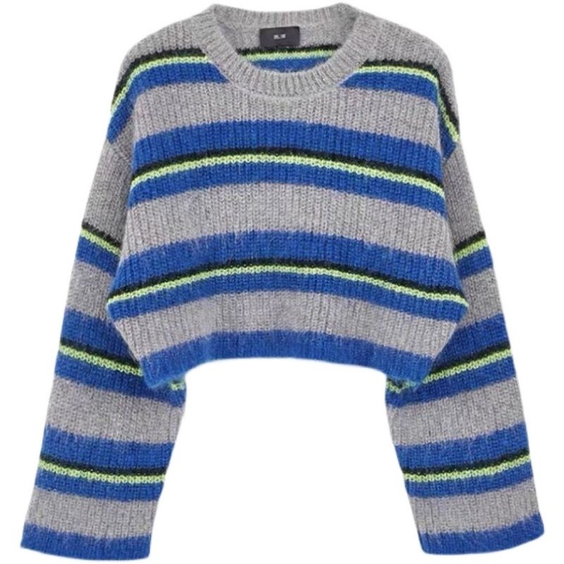 Áo Sweater Tay Dài Cổ Tròn Kẻ Sọc Màu Tương Phản Kiểu Retro Nhật Bản Thời Trang Thu Đông Cho Nữ