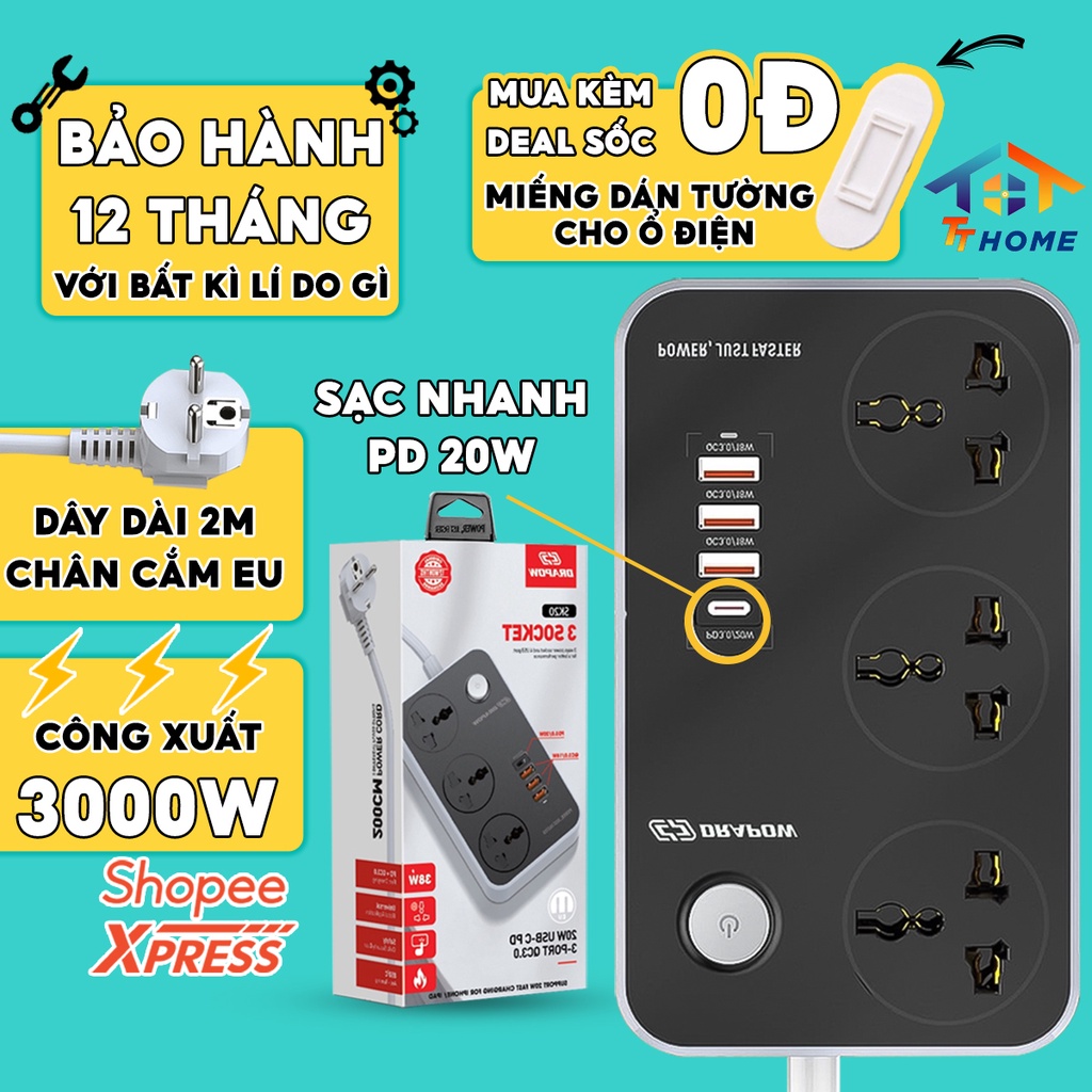 Ổ Cắm Điện Đa Năng DRAPOW SK20 Chịu Tải 3000W Sạc Nhanh PD 20W + Cổng USB 3.0 18w 3 Ổ Cắm 220v, Dây 2M, Chịu Nhiệt Cao
