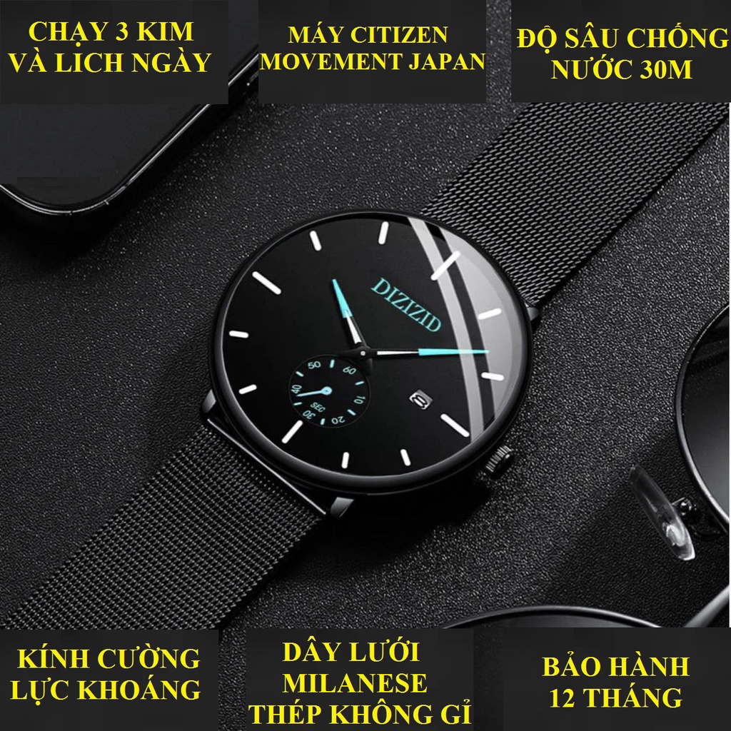 Đồng hồ nam chính hãng DIZIZID dây thép lụa đen - Chạy lịch ngày - Chạy full kim - mẫu NEWDESIGN DIZ79