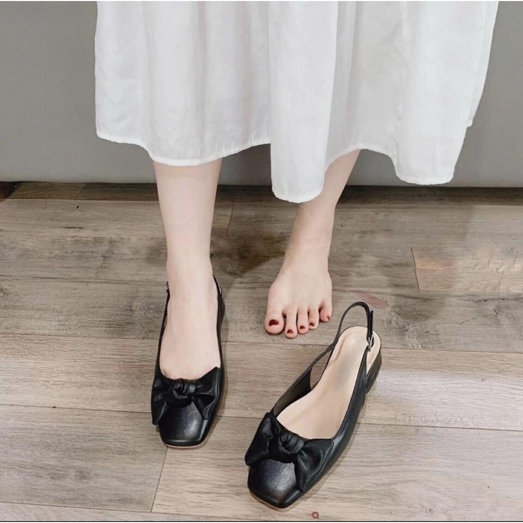 Giày búp bê nữ đế 3p hở gót mũi vuông đính nơ khóa xinh xắn da mềm êm chân - B38