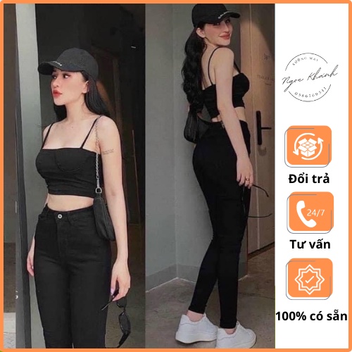 Quần jean nữ lưng cao ôm dáng, quần bò đen cạp cao ống đứng - xưởng may Ngọc Khánh