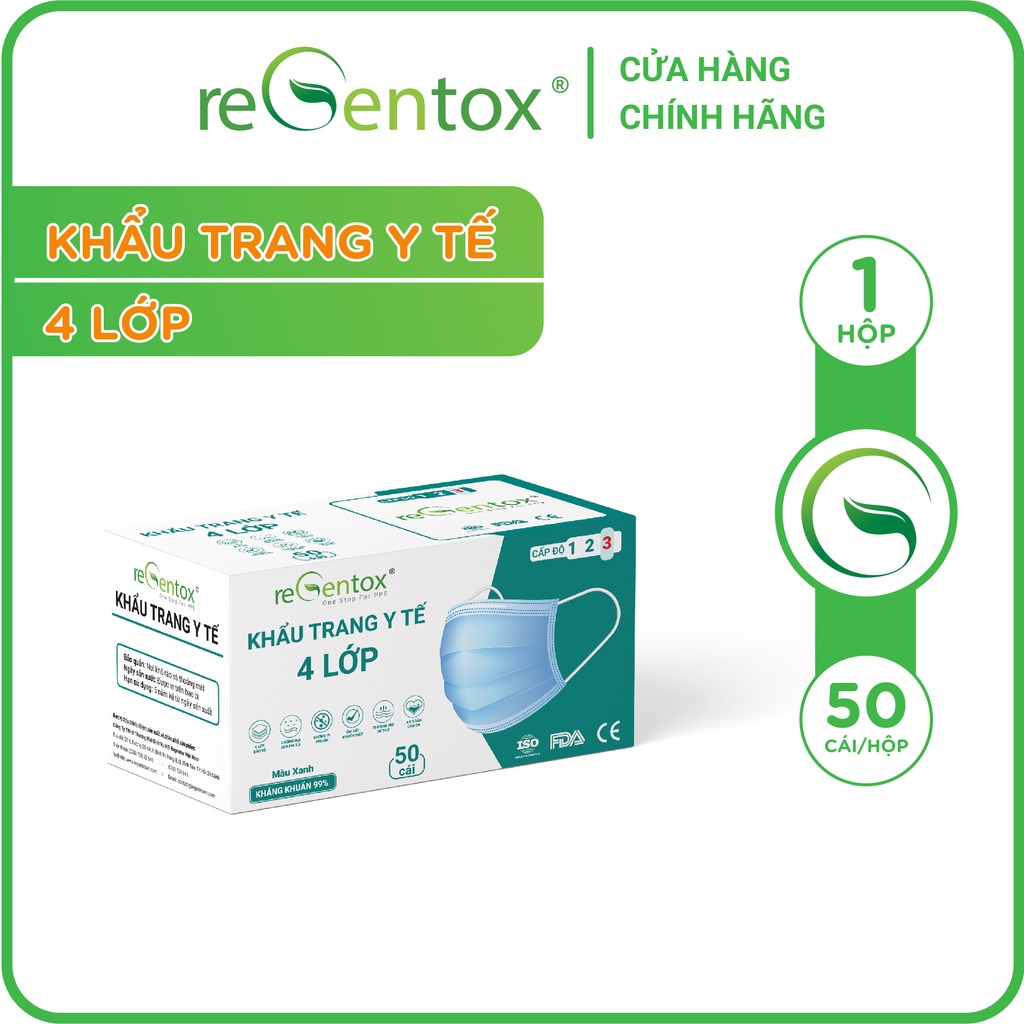 Hộp Khẩu Trang Y Tế 4 Lớp Regentox Chống Thấm, Lọc Bụi, Kháng Khuẩn 50 Cái/Hộp